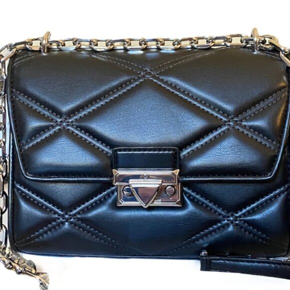 Michael Kors Serena Black Flap Med Crossbody Bag Quilted Leather Silver NWT $628 - Picture 6 of 6